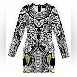 MINKPINK Black, White & Lime Paisley Long Sleeve Bodycon Dress Size XS